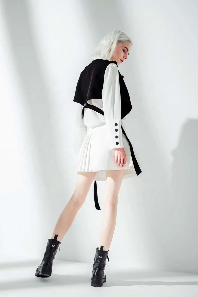 OUDINA Fashion Lady Lace White Two Piece Shirt and Vest Set Pleated Mid-Length Shirt Top for Women Blouses Shirts