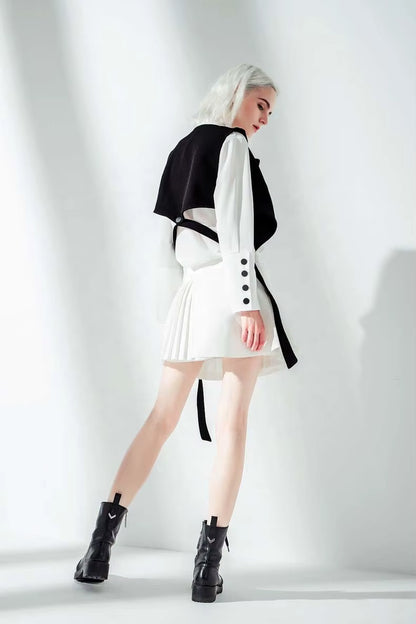 OUDINA Fashion Lady Lace White Two Piece Shirt and Vest Set Pleated Mid-Length Shirt Top for Women Blouses Shirts