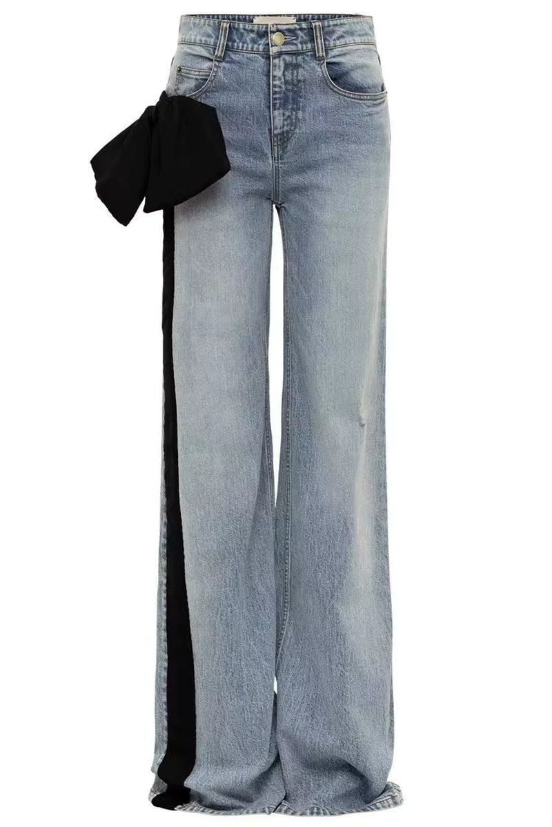 OUDINA New Temperament Bow Splicing Contrast Color Flared Jeans Elegant Simple Denim Jeans Casual Women'S Jeans