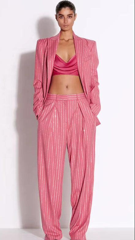 OUDINA Hot Diamond Pieces Professional Rhinestones Suit Jacket Blazers Pants Set Trousers Suit Two Piece Women'S Suits
