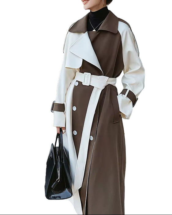 OUDINA Autumn Ladies Winter Coats Lapel Stitching Contrast Color Trench Long Coat for Women
