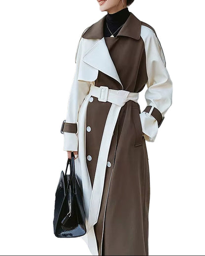 OUDINA Autumn Ladies Winter Coats Lapel Stitching Contrast Color Trench Long Coat for Women