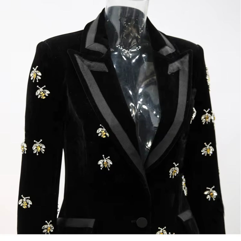 OUDINA High Quality Stylish Bee Beaded Suit Jacket Velvet Blazers Women Mujer Arket Blazer