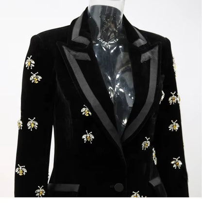 OUDINA High Quality Stylish Bee Beaded Suit Jacket Velvet Blazers Women Mujer Arket Blazer