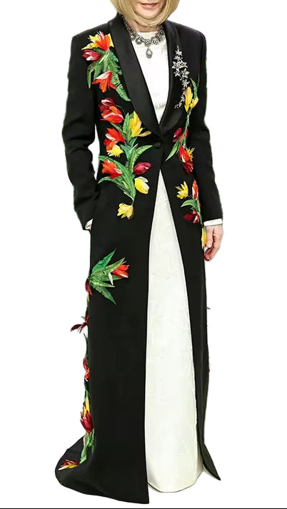 OUDINA Fast Shipping Factory Winter Elegant Feather One Button Maxi Long Blazer Jacket Windbreaker Coat Women'S Trench Coats