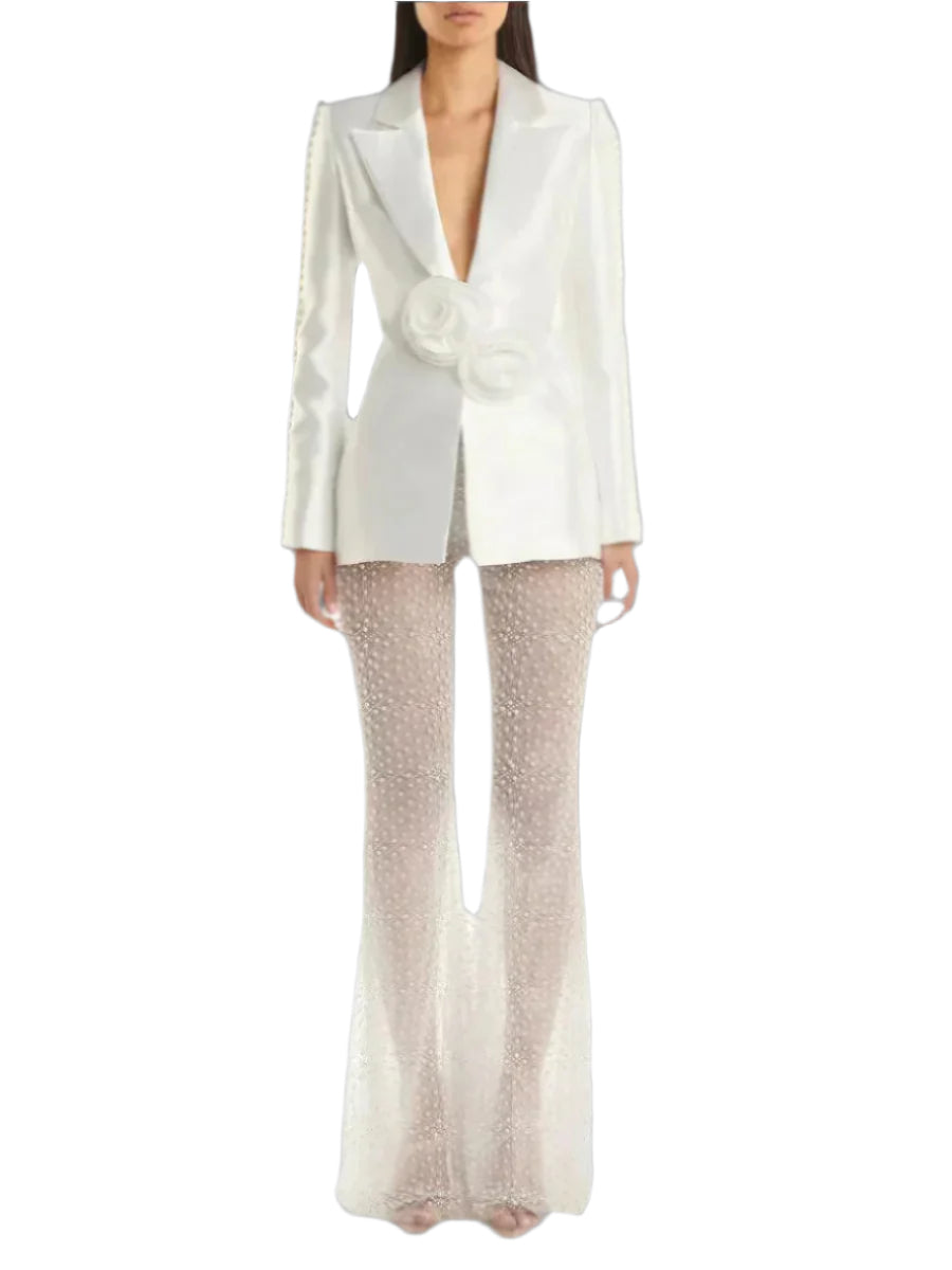 Flower Beaded Jacket High Waist Flared Pants  Blazers