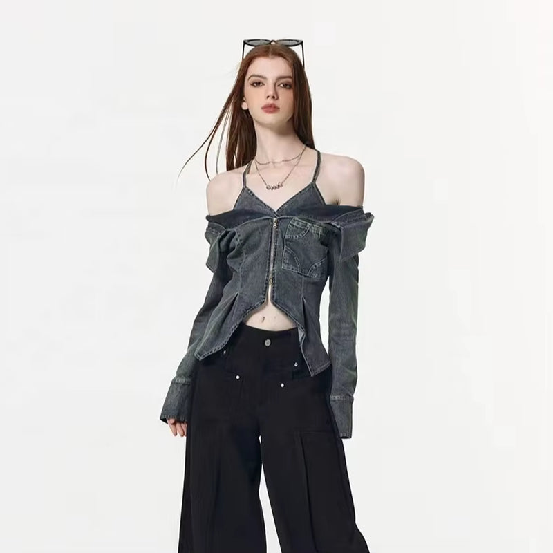 OUDINA High Elastic Multiple Ways to Wear Casual Crop Top Jean Jacket Denim Tops for Women