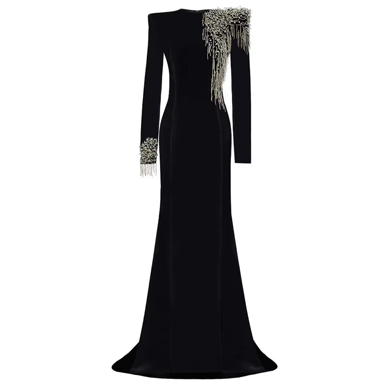 OUDINA Wholesale Manufacturer Beaded Acetate Velvet Train Long Dresses Party Club Evening Elegant Women'S Dress