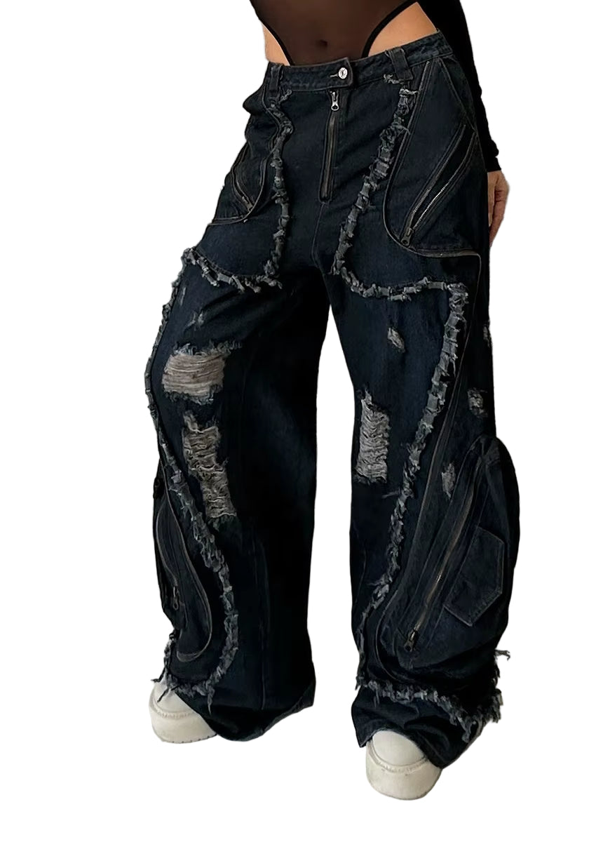 OUDINA Wholesale Women'S Clothing Baggy Distressed Ripped Straight Wide Leg Jean Casual Washed Denim Cargo Women'S Jeans