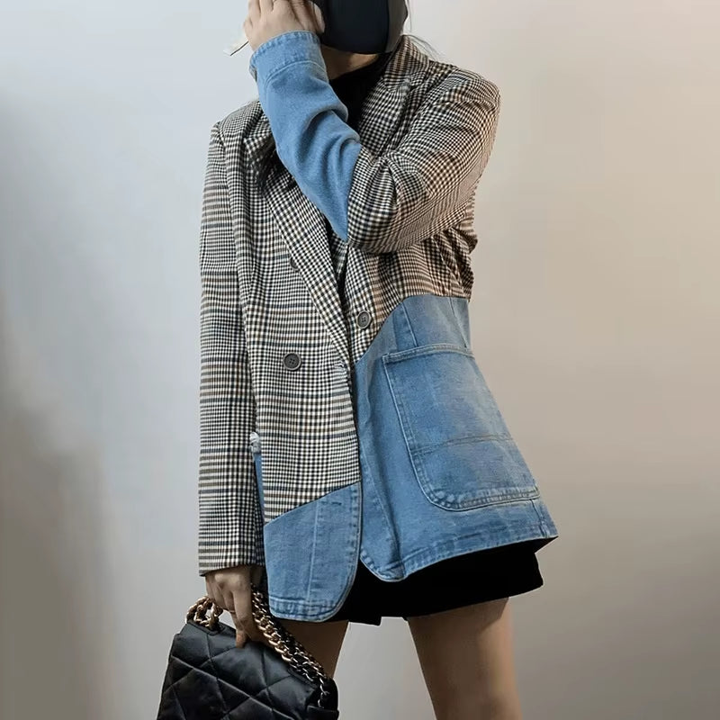 OUDINA Wholesale Suit Collar Elegant Casual Denim Patchwork Plaid Woman Blazer