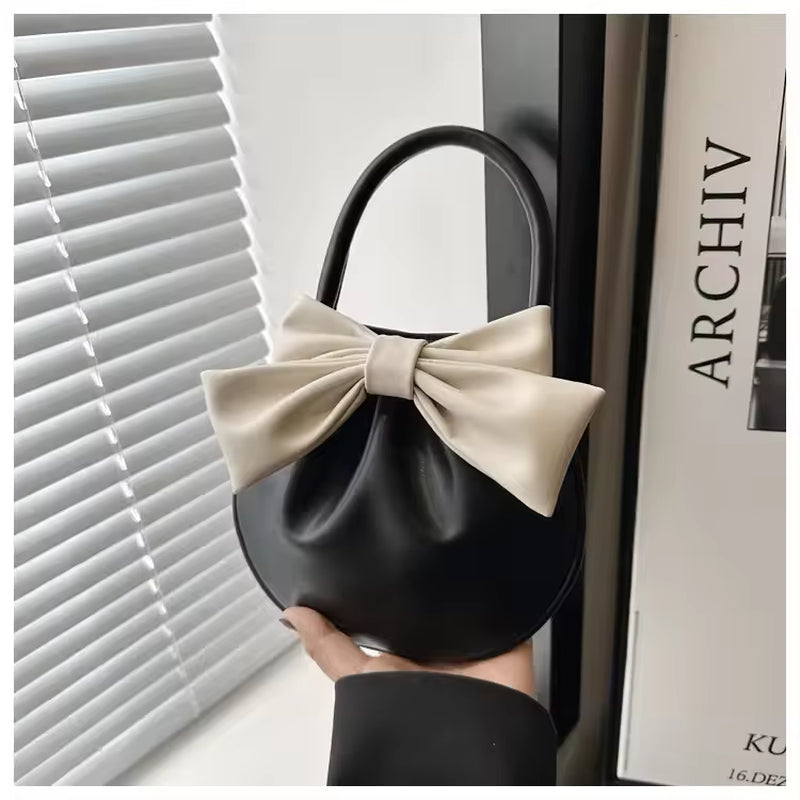 Ladies' Fashionable Mini Handbag with Butterfly Knot Solid Color Simple Casual Style Sweet Women'S Bag