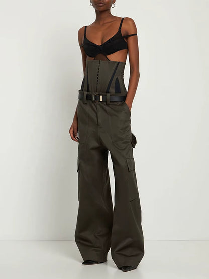 OUDINA Streetwear Wholesale Fishbone Stereotyped Green Loose High Waist Wide Leg Pants Trousers Womens Cargo Pants