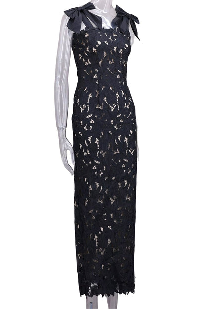 OUDINA High Grade Luxury Bowknot Embroidery Hollow Long Dress Women Party Club Vestidos Women Elegant Summer Casual Dresses