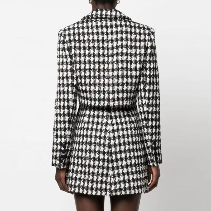 OUDINA High Fashion Long Sleeve Hollow Backless Houndstooth Women plus Size Jacket Blazer Office Formal Ladies Tweed Blazers