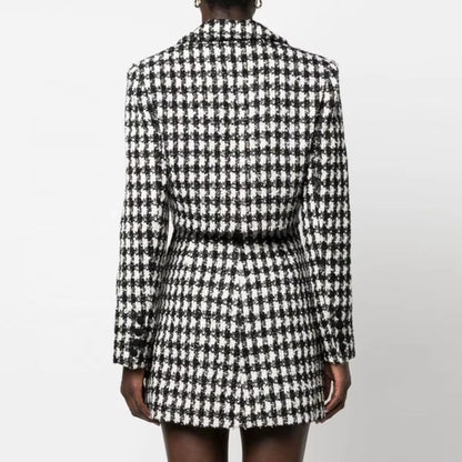 OUDINA High Fashion Long Sleeve Hollow Backless Houndstooth Women plus Size Jacket Blazer Office Formal Ladies Tweed Blazers