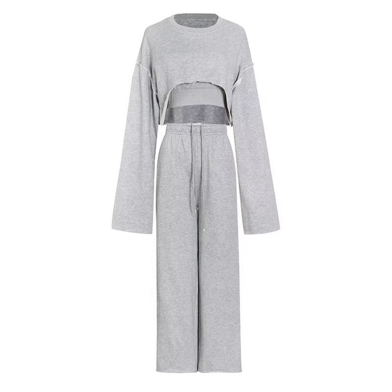 OUDINA Fashionable Casual Crop Vest Sweatshirt Suit Women Three Piece Long-Sleeved Wide Leg Pants Set