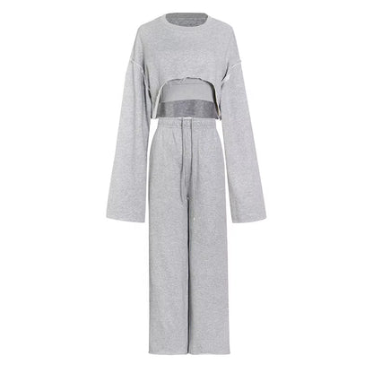 OUDINA Fashionable Casual Crop Vest Sweatshirt Suit Women Three Piece Long-Sleeved Wide Leg Pants Set