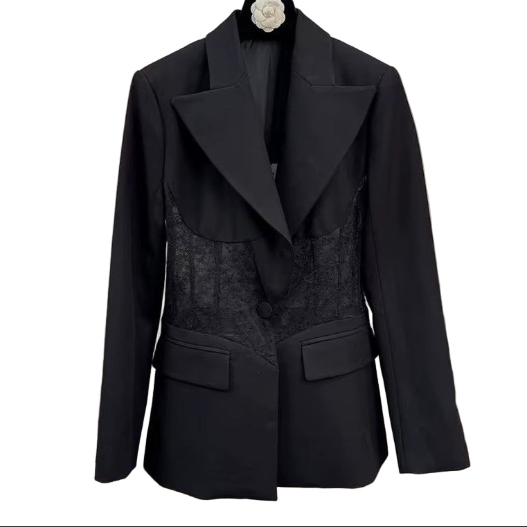 OUDINA New Style See-Through Waist Lace Elegant Casual Long Sleeve Ladies Tuxedo Blazers Jacket Blazer Women