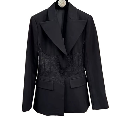 OUDINA New Style See-Through Waist Lace Elegant Casual Long Sleeve Ladies Tuxedo Blazers Jacket Blazer Women