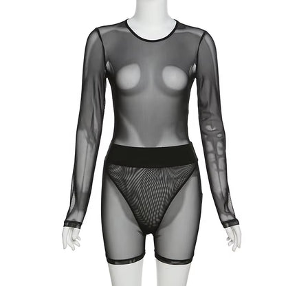 OUDINA Spring New Mesh Tight Bodysuit Top See through Shorts 2 Piece Women Clothing Two Piece See through Set