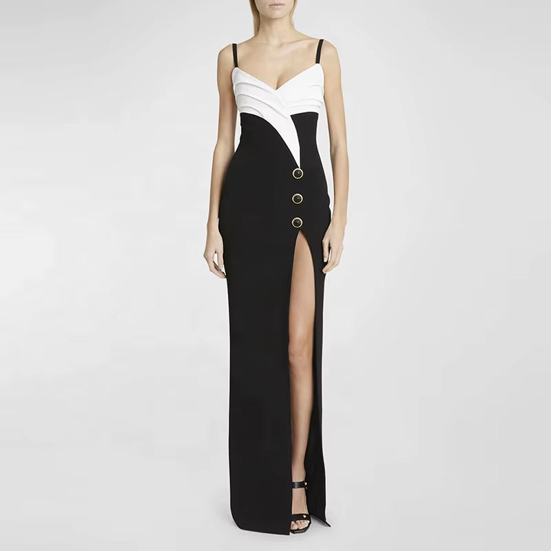 OUDINA Manufacturer Wholesale Sleeveless Contrast Color Sling Slit Long Floor Length Dress Luxury Gowns for Women Evening Dress
