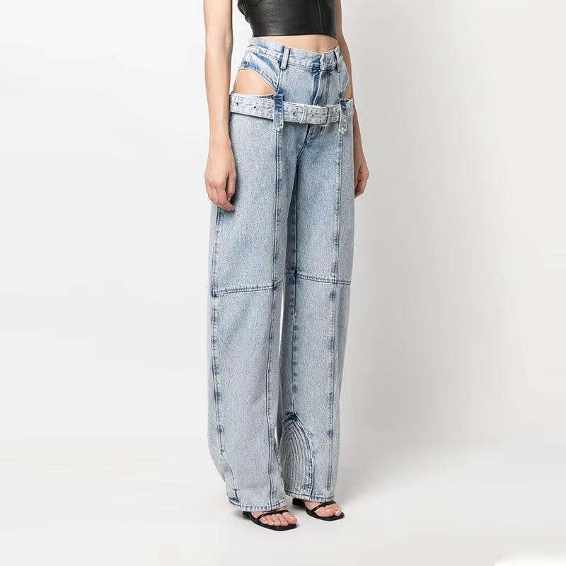 OUDINA Hot Style New Straight Fit Jeans Sexy Hollow Waist-Baring Lace-Up Denim Solid Color Pants for Women