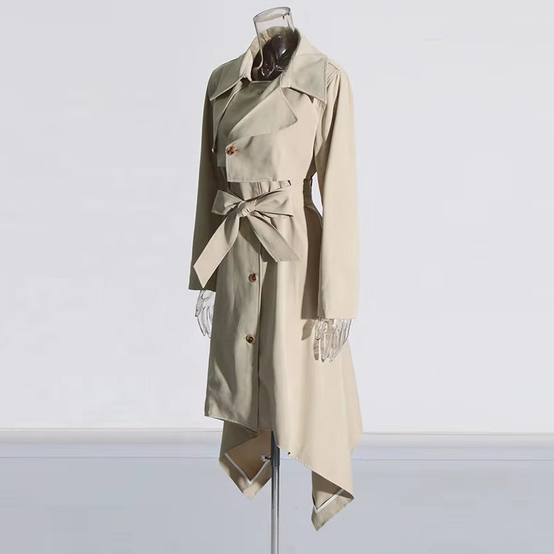 OUDINA Fashion Elegant Solid Splicing Belt Asymmetric Long Women'S Coat Casual Women Trench Coat