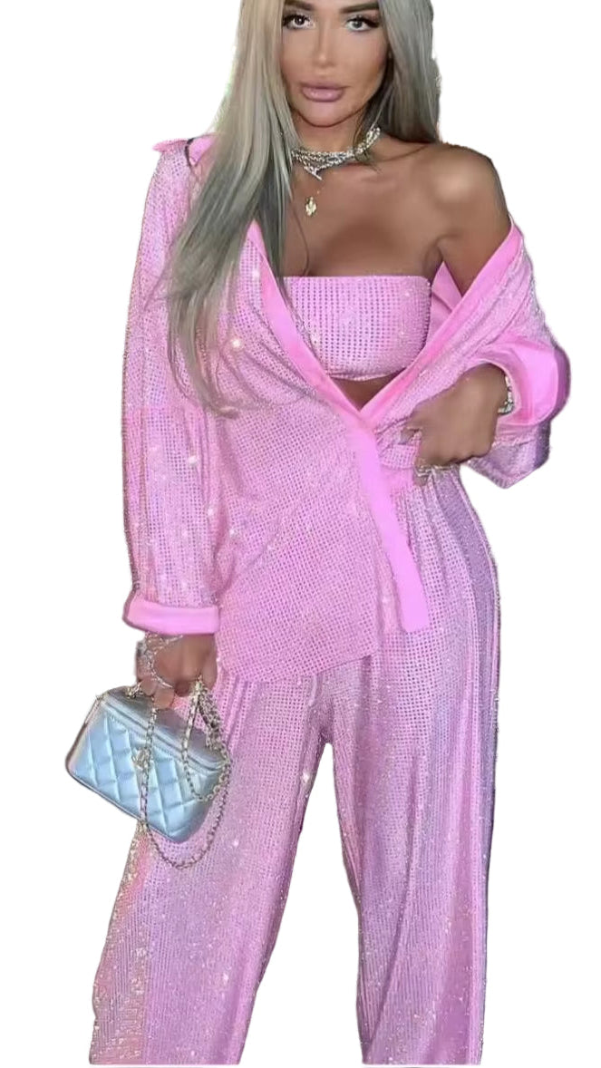 OUDINA New Diamond Sequins Casual Three Piece Tops Shirts Blazer Jacket Pants Sets Rhinestones 3 Piece Set Clothing Women'S Sets
