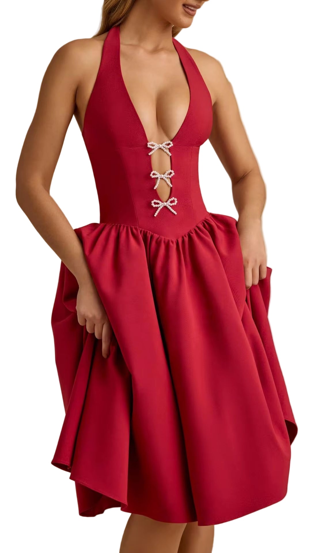 OUDINA New Halter Neck Bowknot Deep V Backless Puffy Dresses Party Elegant Women Casual Long Dress