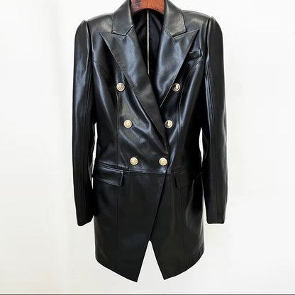 OUDINA Stylish New Slim Double-Breasted Zipper Casual Long Sleeve PU Dresses Women Lady Elegant Leather Dress