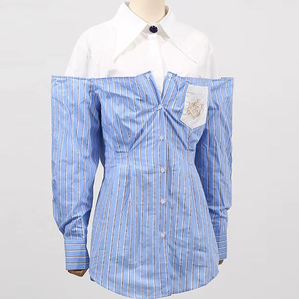 OUDINA High Fashionable Contrast Color Pocket Embroidery Casual Striped Long Sleeve Elegant Women'S Polo Shirts Blouses Shirts