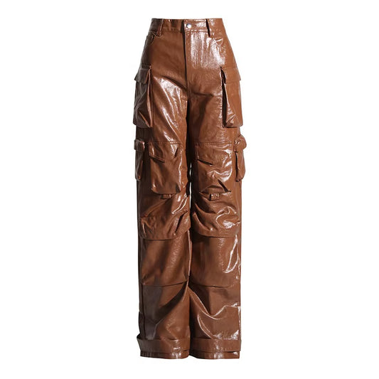 OUDINA Stylish Street Customize PU Trousers High Waist Baggy Mujer 6 Pocket Cargo Pant Wide Leg Women Leather Pants