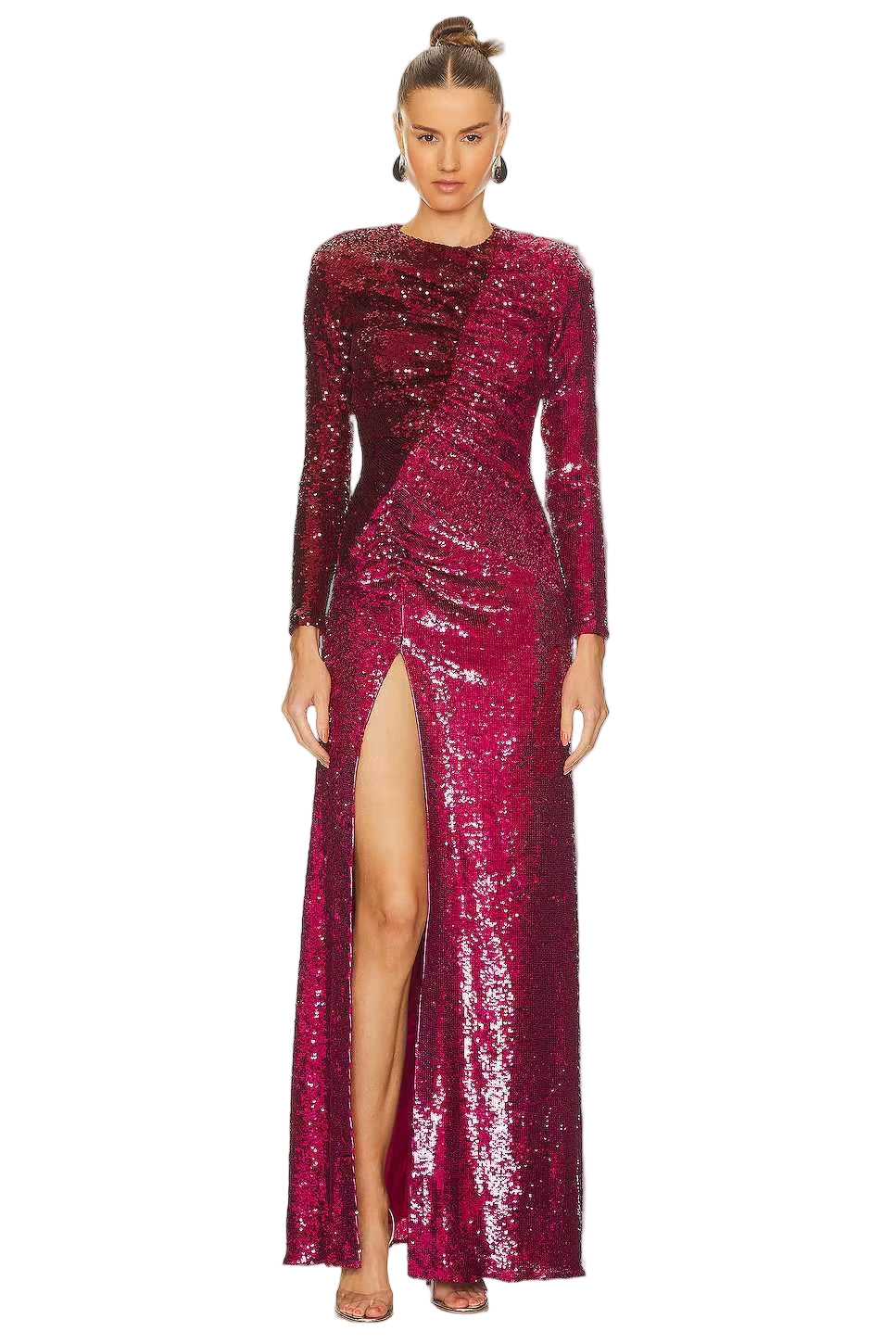 OUDINA Wholesale Contrasting Colors Block round Neck Sequined Shiny Long Sleeve Dresses Chic Women Elegant Evening Dress