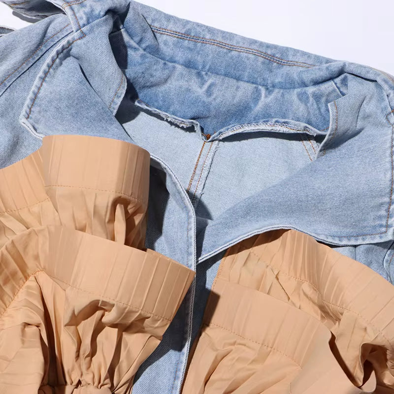 OUDINA Fashionable Contrast Color Women'S Denim Jackets & Coats Casual Ruffles Women Denim Jacket Splice Pleats Women'S Jackets