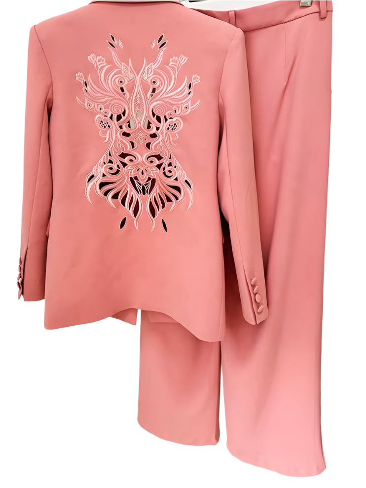 OUDINA Factory Wholesale Clothing Profession Embroidery Hollow Straight Trousers Two Pieces Office Set Suits for Women