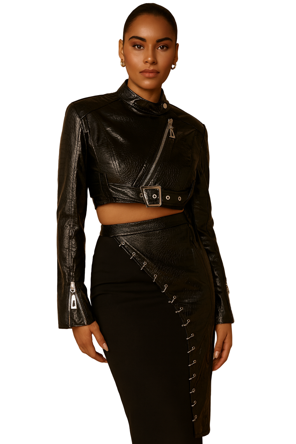Chic Vintage Cropped Motorcycle Jacket and Skirt Set