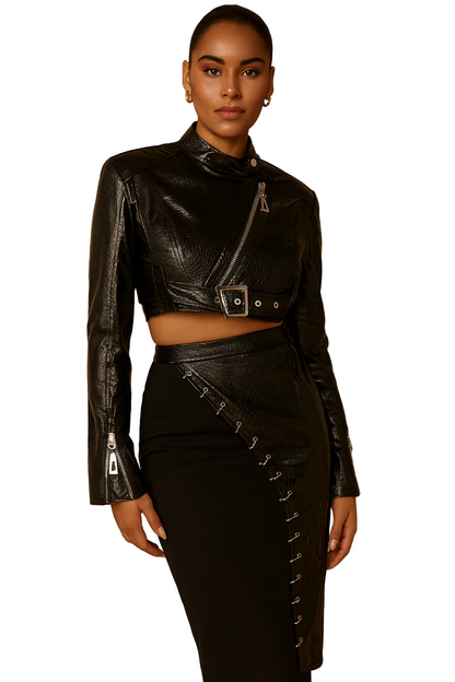 Chic Vintage Cropped Motorcycle Jacket and Skirt Set