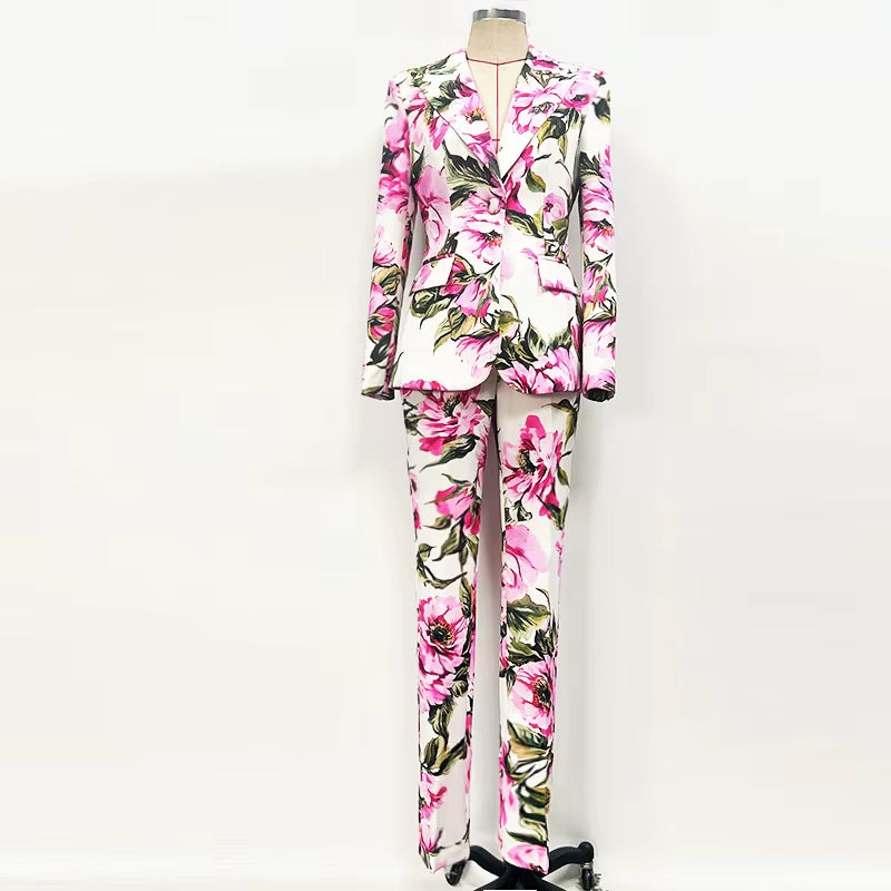 OUDINA New Factory Style Printed XXL Casual Suit Skinny Pants One Button Blazer Two Piece Set Office Women'S Suit Pants
