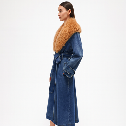Denim Luxe Longline Coat with Faux Fur Collar