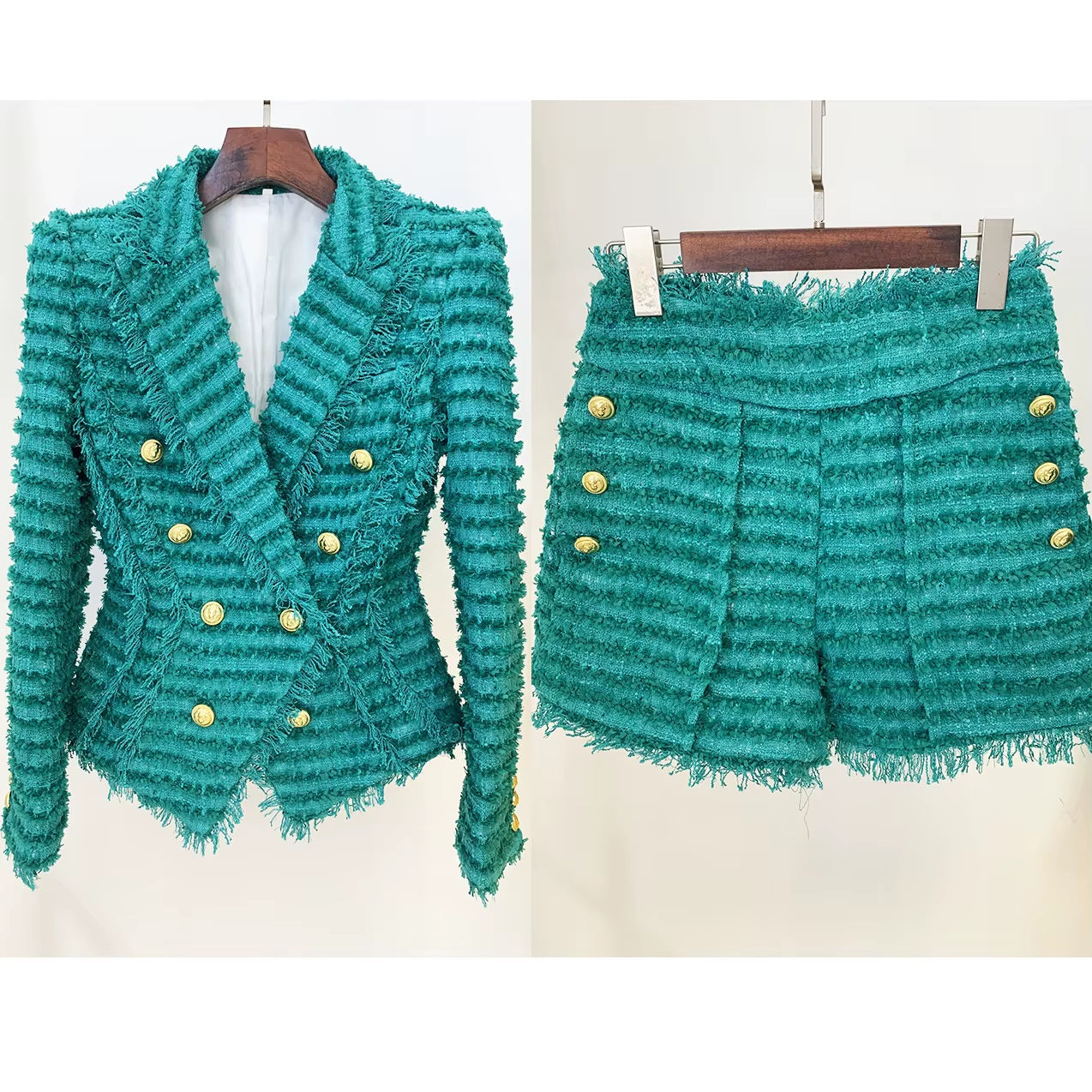 OUDINA Wholesale Two Piece Sets Knitted Profession Office Fringed Tweed Blazer Shorts Suit Set for Ladies Women'S Suits & Tuxedo