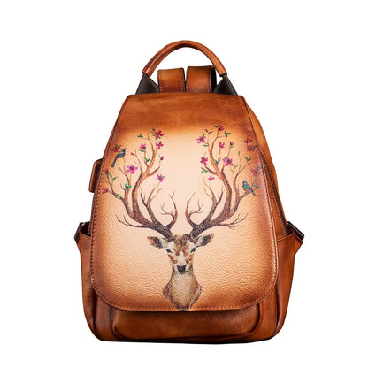 Original Design Animal Print Cowhide Leather Bag Backpack Retro Handmade Travel Bag Ladies Genuine Leather Backpack for Women