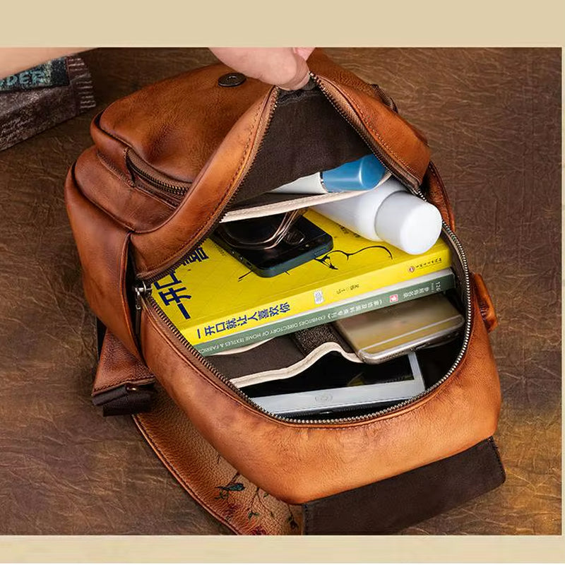 Original Design Animal Print Cowhide Leather Bag Backpack Retro Handmade Travel Bag Ladies Genuine Leather Backpack for Women