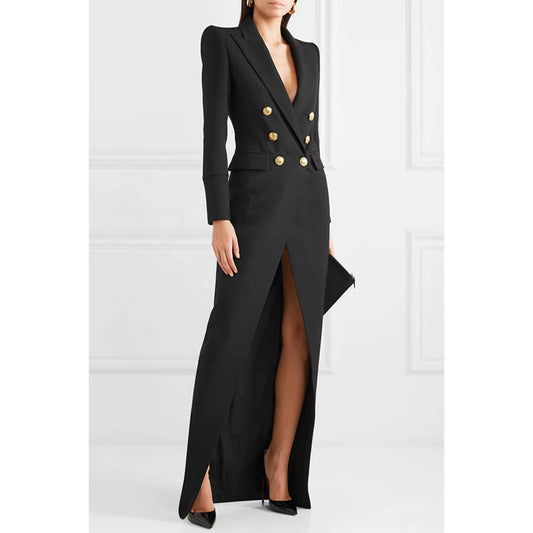 Double Breasted Black Back Zipper Blazer Dresses Lady Elegant Women Long Dress