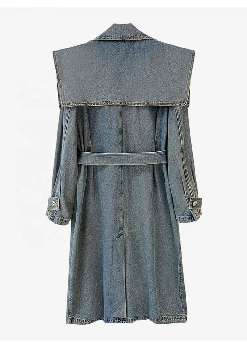 OUDINA High End Fashion Winter Loose Blue Denim Jacket Windbreaker Trench Ladies Long Coat for Women