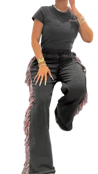 OUDINA Hotselling Casual round Neck Embroidered T-Shirt Tassel Fringed Set Casual Two Piece Pants Custom Sets for Women