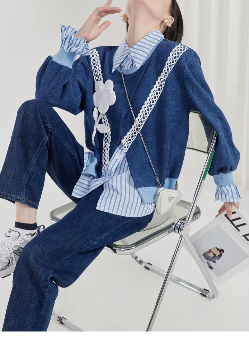 OUDINA Dropshipping Chic Stripe Top Casual Ladies Sweatshirts Women Custom Sweatshirt