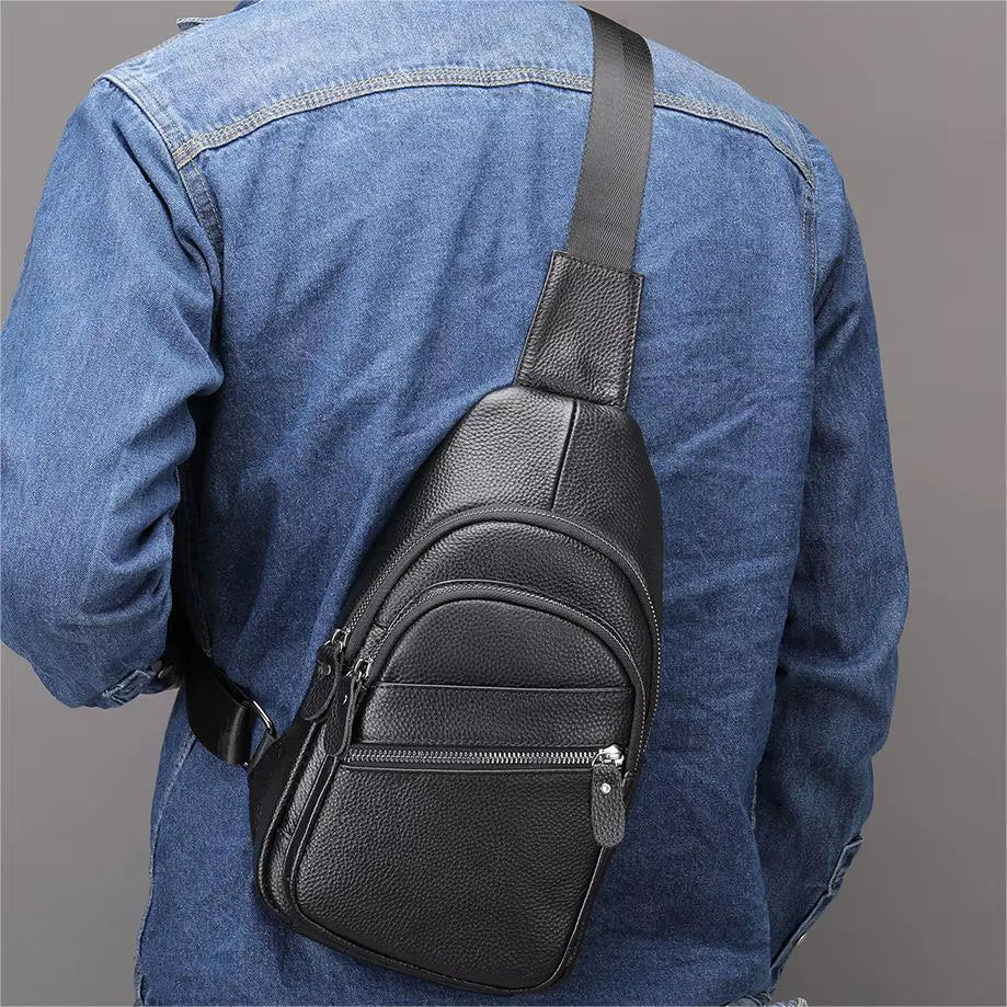 MARRANT Men'S Genuine Leather Waterproof Daypack Leather Chest Sling Bag Shoulder Crossbody Bag Chest Bags for Men