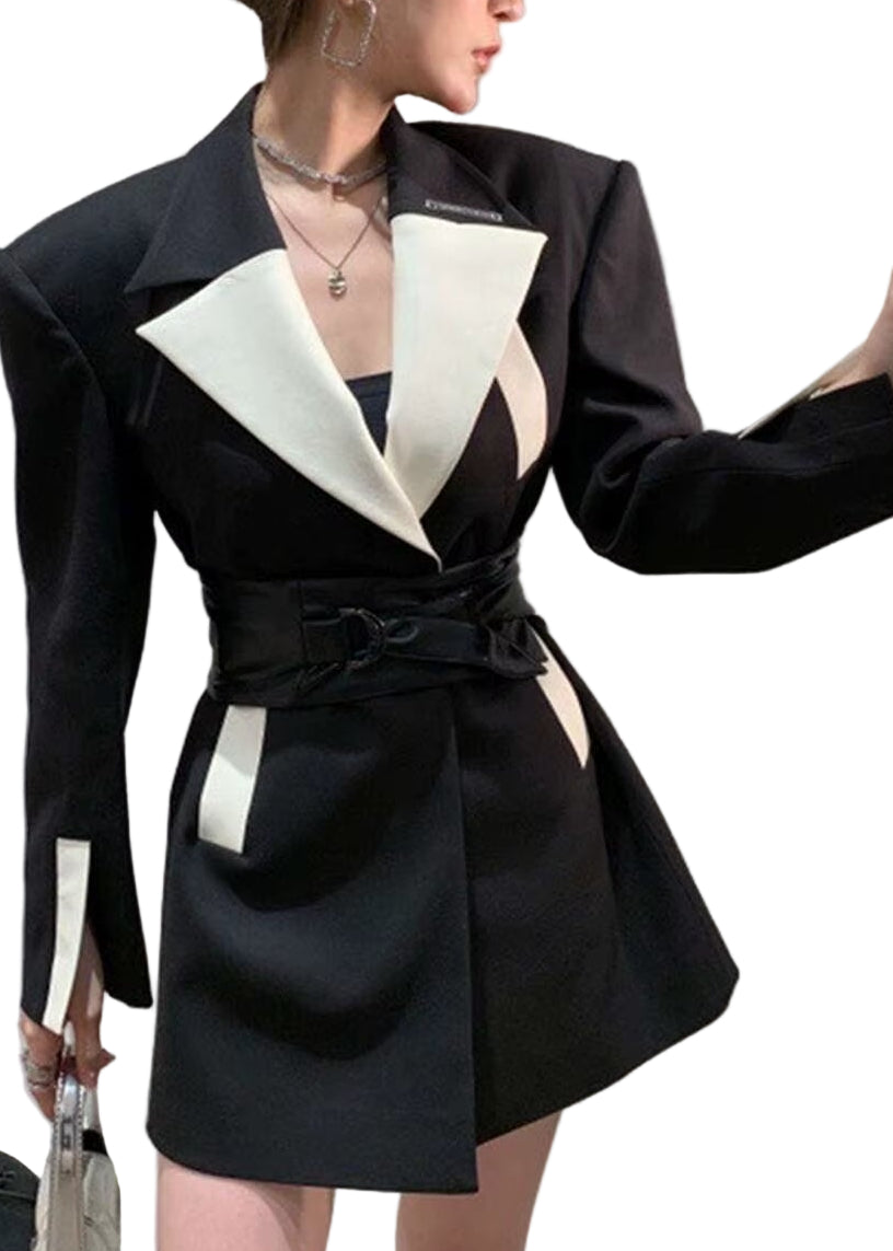 OUDINA Niche Product Cool Leather Collar Black Elegant Woman Blazer Jacket Ladies Blazers