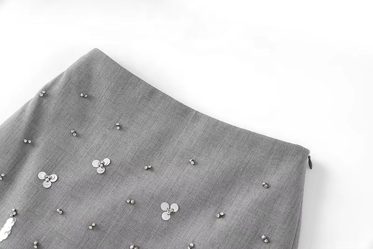 OUDINA in Stock Fashion Elegant Beads Sequins Gray Suit Blazers Skirt Two Piece Women'S Suits