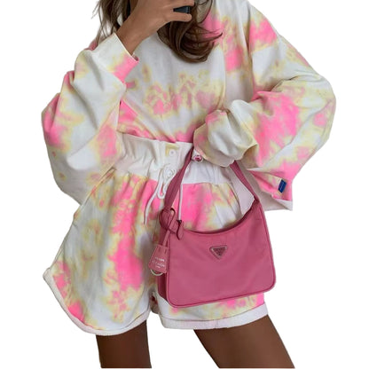 OUDINA New Tie-Dye Loose Sweatshirt and Shorts Set Winter Gigh-Waisted Lace-Up Vacation Style Outfits for Women